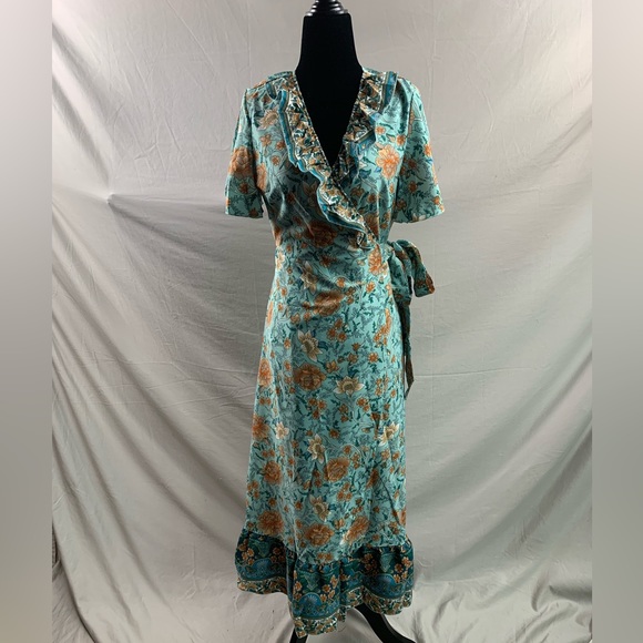 Blue Boho Floral Print Ruffle Trim Wrap Knot Side Dress - Picture 6 of 6